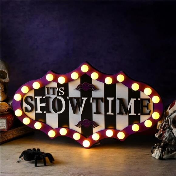 Halloween Door Sign Light Sign Decoration It's Showtime with LED Lights Wooden - Picture 1 of 7